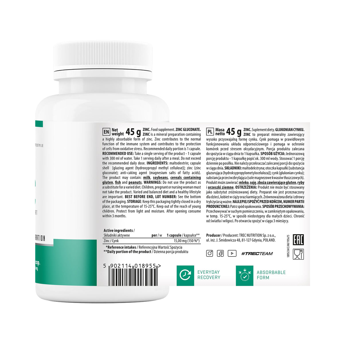 Zinc Trec 90 cápsulas | Micronutriente esencial